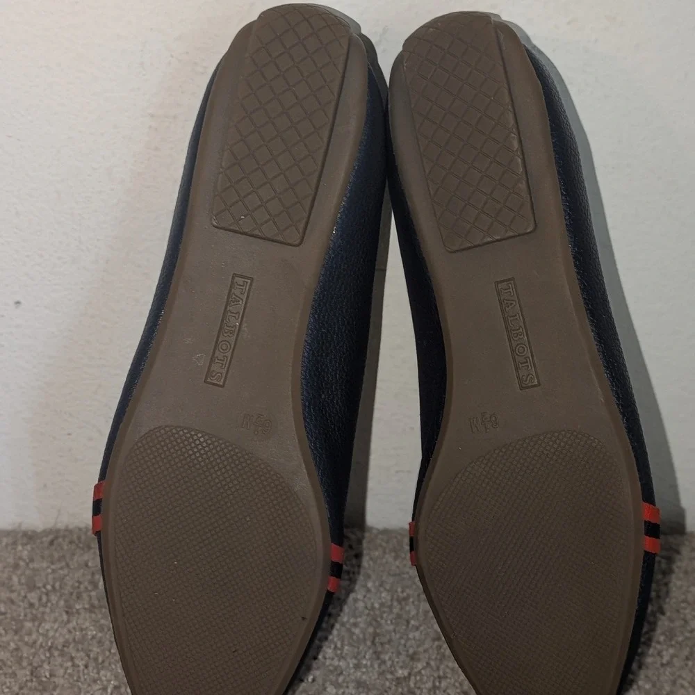 Talbots‎ Navy Blue Pebbled Leather Pointed Toe Loafers Striped Bow 6.5M Womens